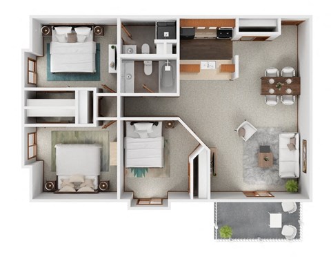 Floor plan for 3 beds, 2 baths, 1063 sqft